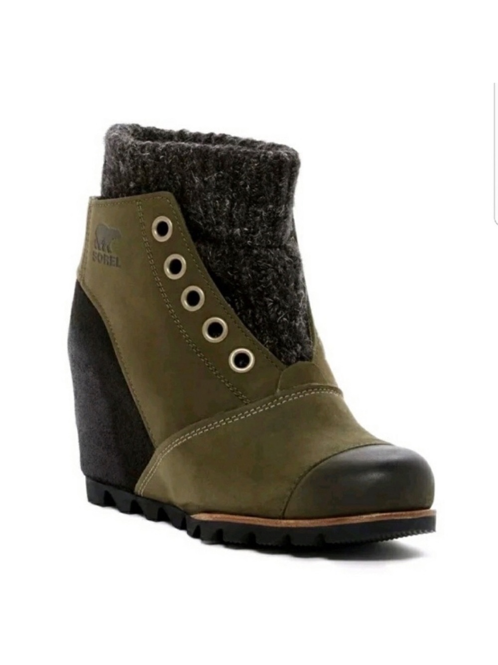 Sorel Green Black Joanie Sweater Wedge Ankle Booties Women’s Size 8